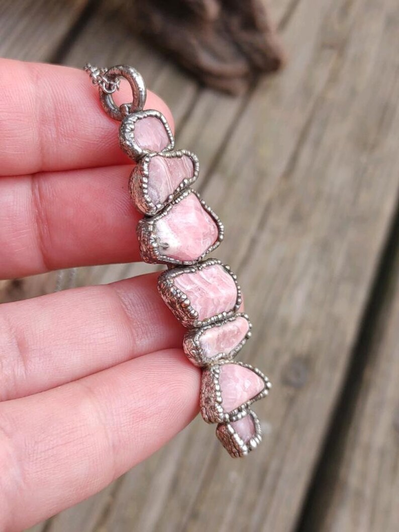 Silver Rhodochrosite Necklace Stainless Steel Rhodochrosite Pendant Copper Electroformed Raw Multi Gemstone Vertical Boho Hippie Pendant