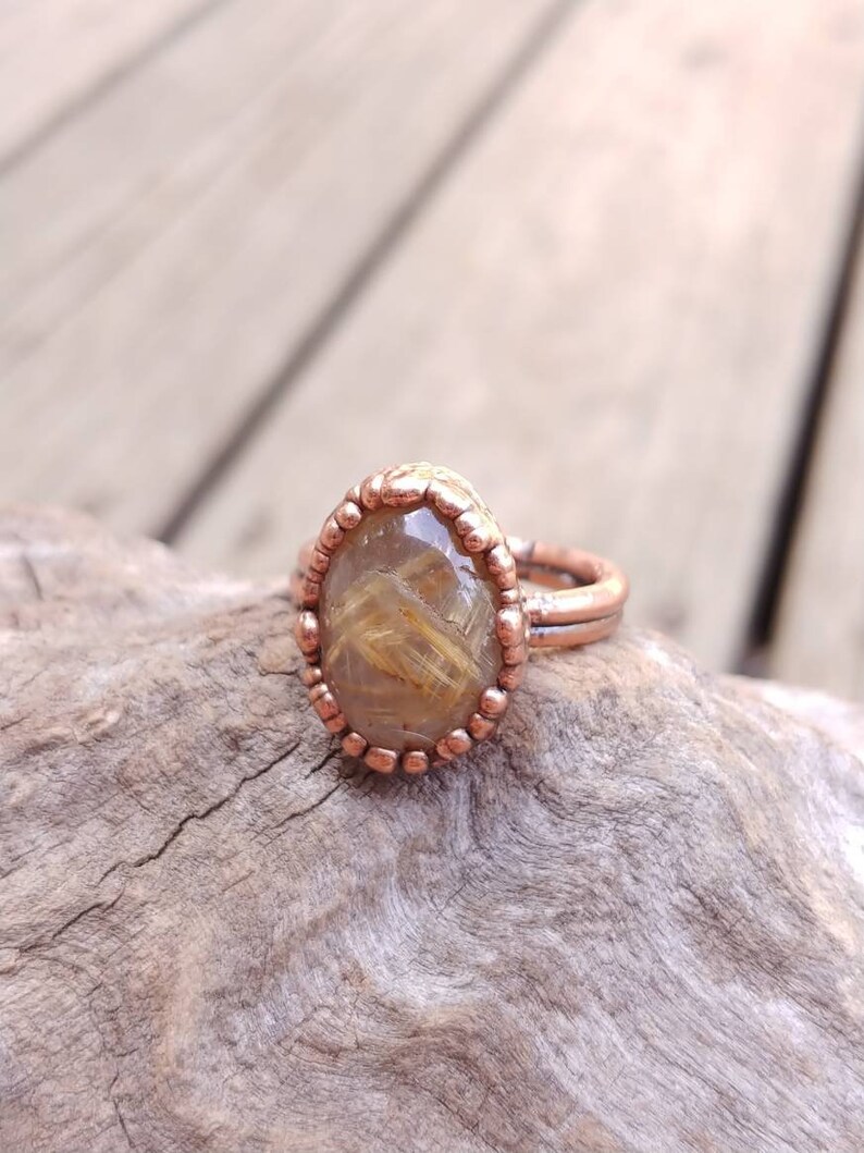 Golden Rutile Ring Golden Rulitated Quartz Jewelry Rutilated Quartz Ring Copper Electroformed Large Oval Gemstone Ring Boho Hippie Ring