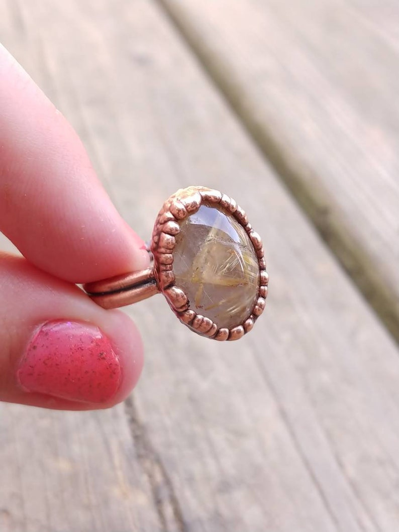 Golden Rutile Ring Golden Rulitated Quartz Jewelry Rutilated Quartz Ring Copper Electroformed Large Oval Gemstone Ring Boho Hippie Ring