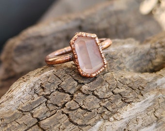 Rose Quartz Copper Ring/ Natural Rose Quartz Ring/ Copper Electroformed/ Pale Pink Crystal Quartz Ring/ Transparent Irregular Crystal Ring