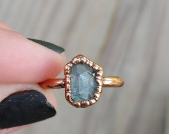 Natural Aquarmarine Crystal Ring/ Aquamarine Transparent Gemstone Ring/ Copper Electroformed/ March Birthstone/ Blue Crystal Copper Ring