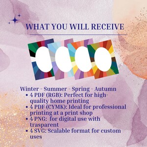 May include: A digital art print featuring four color palettes labeled Winter, Summer, Spring, and Autumn. Each palette has a central oval shape surrounded by a variety of colors. The text "WHAT YOU WILL RECEIVE" is at the top.