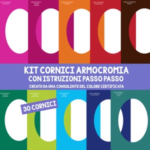 Può includere: Un set di 30 campioni di colore, organizzati in 10 gruppi di tre. Ogni gruppo rappresenta una diversa tavolozza di colori, con un titolo che descrive il sottotono e l'intensità del colore. Il titolo "KIT CORNICI ARMOCROMIA CON ISTRUZIONI PASSO PASSO CREATO DA UNA CONSULENTE DEL COLORE CERTIFICATA" è visualizzato nella parte superiore dell'immagine.