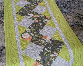 Quilted Table Runner: Modern Green Floral Design, 53" Long
