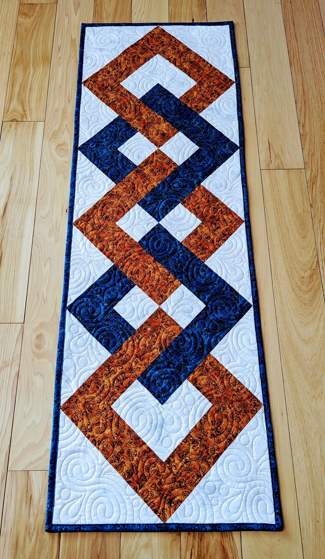 Blue and Bronze Quilted Table Runner, Chickens, Interlocking Squares
