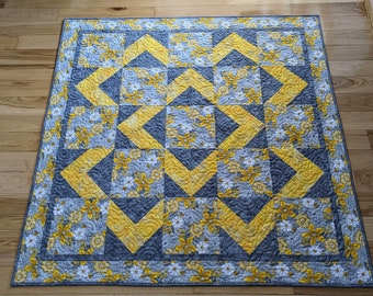 Homemade Yellow Floral Lap Quilt: Geometric Gray Accent, 56" Square