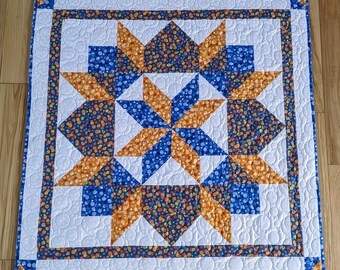 Orange and Blue baby quilt, Gift for a baby shower, Polka dots