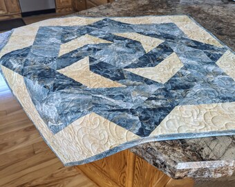 Quilted table topper, Quilted wall hanging, Blue and beige star patterned table topper, Square table topper