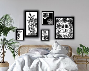 Classic Black and White floral digital downloads, bee happy, good vibes only print and frame