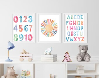 sunshine alphabet numbers, Kids room graphics, watercolor download