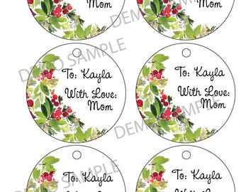 Round Holiday Floral Gift tags Personalize, Edit, custom download and print