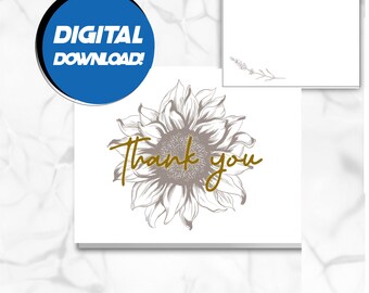 card digital download, Thank you, sunflower, blank inside, download 3.5 x 5