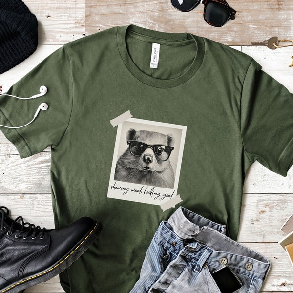 Funny Inscribed Beaver T-Shirt, Hipster Animal in Sunglasses Design, Unique Polaroid Photo Graphic Tee, Cute Beaver Shirt, Trendy Animal
