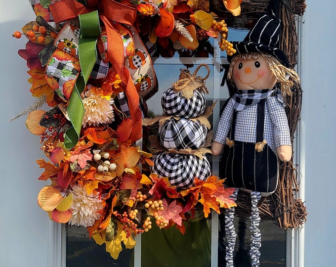 Fall Scarecrow Pumpkin Floral Grapevine Wreath, Kitchen Decor,  Farmhouse, Country Living, Farm Life, Southern Charm