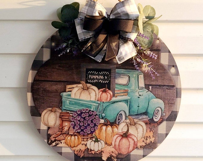 Fall Farmhouse Decor, Blue Truck Pumpkin, 18 inch Round Door Hanger, Farmhouse, Southern Charm, Housewarming