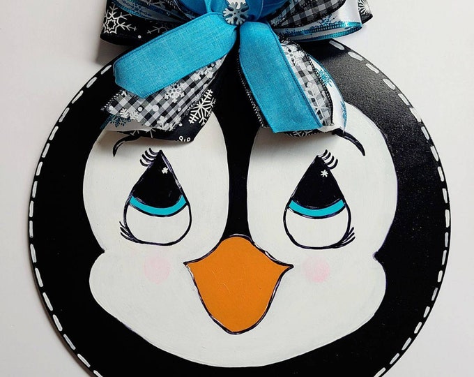 Penguin Handpainted Winter Door Hanger, Door Decor, Child's Room Wall Hanging