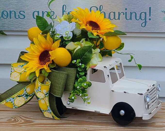 White Truck Lemon Floral Centerpiece, Sunflower Lemon Arrangement, Mother's Day, Kitchen, Summer, Farmhouse, Country Living