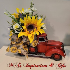 Red Truck Floral Centerpiece, Sunflower Arrangement, Mother&#39;s Day, Summer, Farmhouse, Country Living, Southern Charm