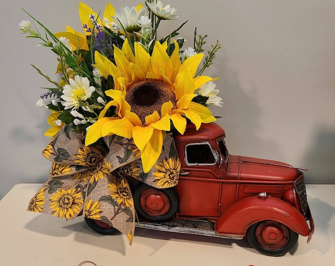 Red Truck Floral Centerpiece, Sunflower Arrangement, Mother's Day, Summer, Farmhouse, Country Living, Southern Charm