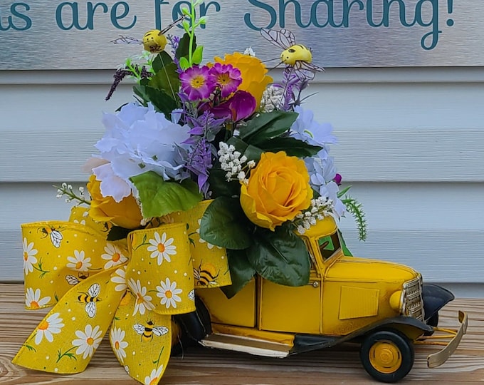 Yellow Truck Floral Centerpiece, Bee Arrangement, Mother's Day, Summer, Farmhouse, Country Living, Southern Charm