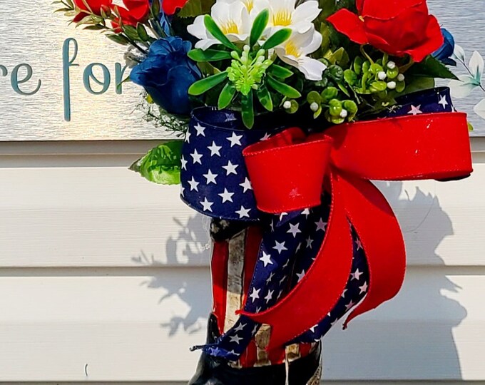 Patriotic Cowboy Boot Floral Centerpiece, Summertime Arrangement, Father's Day, Birthday Gift, Country Living, Southern Charm