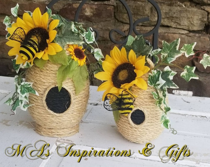 Bee Skep Set, Sunflower Bee Hive, Sisal Hive, Home Decor, Country accent, wedding decor, farmhouse, beekeeper