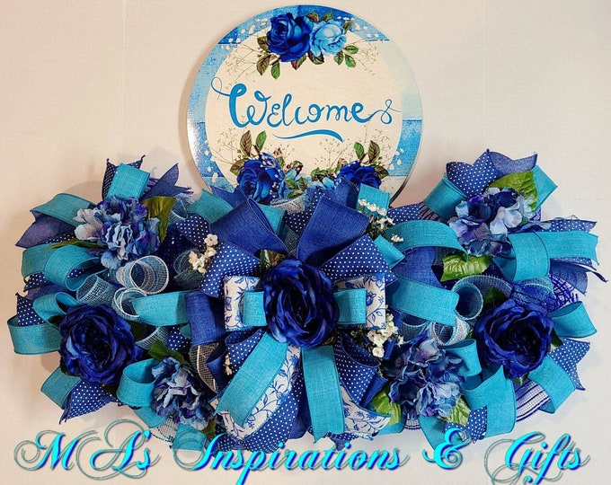 Blue Welcome Rail Wreath, Mother's Day, Spring Farmhouse, Summer Country Living,  Home Decor, Southern Farm Life