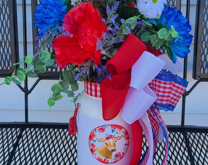 Cow Summer Centerpiece, Red White Blue Arrangement, Kitchen Decor, Tablescape, Farmhouse, Southern Living