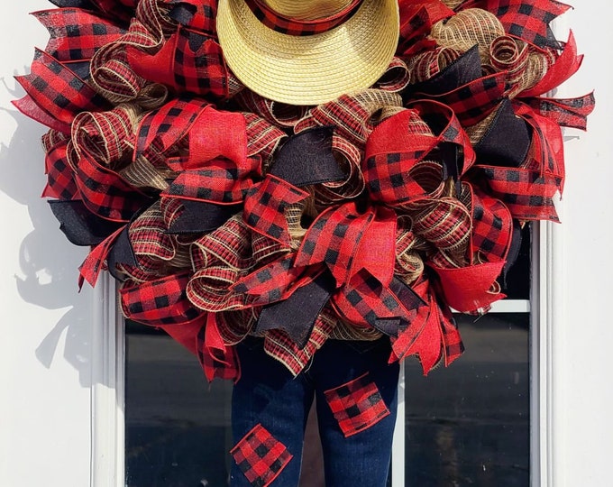 Fall Scarecrow Buffalo Plaid Wreath, Autumn Decor, Front Door, Farmhouse Decor, Country Living, Southern Charm
