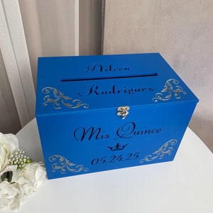 Caixa de cartão azul Quinceañera, caixa de memória de madeira, caixa de cartão com slot, caixa de dinheiro de casamento, decoração Quinceañera, presente de aniversário de 15 anos, presente de filha