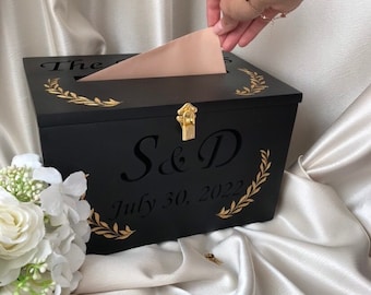Caja de tarjetas de boda gótica personalizada, caja de recuerdos de madera negra, regalo personalizado de quinto aniversario para él o ella, decoraciones de recepción de boda