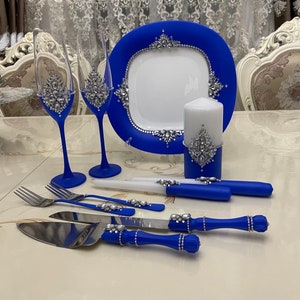 Wedding Serving Set Dark Blue, Cake Cutting Set Wedding Toasting Flutes Cake Knife and Cutter Wedding Party Glasses Wedding Blue Glasses Set