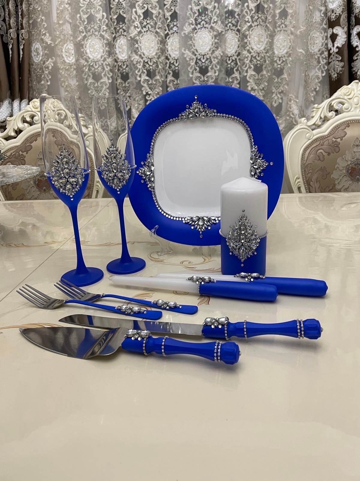 Wedding Serving Set Dark Blue, Cake Cutting Set Wedding Toasting Flutes Cake Knife and Cutter Wedding Party Glasses Wedding Blue Glasses Set