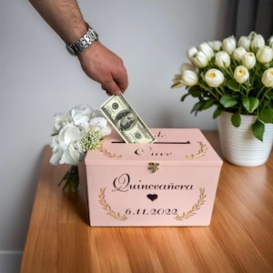 Caja de recuerdos de madera rosa, caja de tarjetas personalizada para quinceañeras, decoración de buzón, alcancía de madera, regalo de cumpleaños número 15, decoración de fiesta de cumpleaños