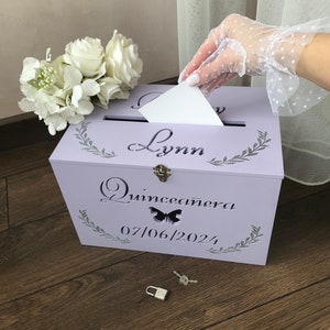 Boîte personnalisée lavande de quinceañera, boîte aux lettres bohème, tirelire, décoration rustique de Quinceañera, boîte à cartes rose personnalisée, Quinceañera violet