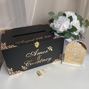 Boîte pour cartes de mariage gothique, plaque de mariage en or, boîte à souvenirs en bois personnalisée, cadeau de famille personnalisé, décorations de mariage