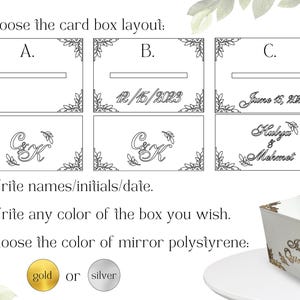 May include: A white card box with three different layout options for a wedding. The options include a blank space for names, a date, and names and a date. The text "Choose the card box layout" is at the top of the image. The text "gold or silver" is at the bottom of the image.