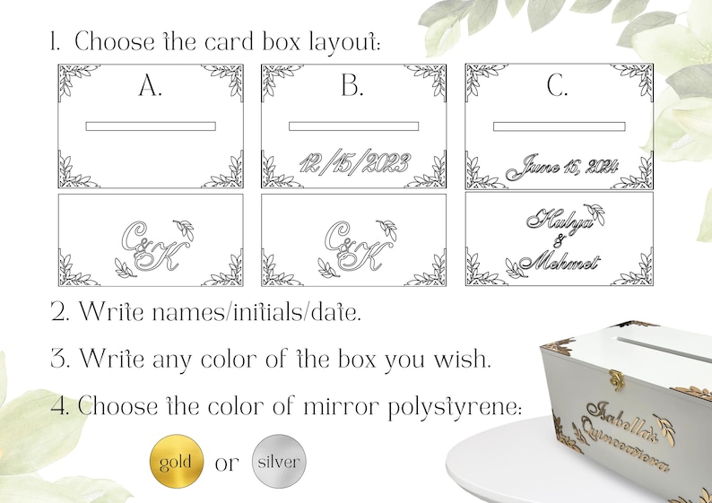May include: A white card box with three different layout options for a wedding. The options include a blank space for names, a date, and names and a date. The text "Choose the card box layout" is at the top of the image. The text "gold or silver" is at the bottom of the image.
