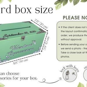 May include: A green card box with a slot for cards. The box is decorated with silver floral designs and the text "September 28, 2020 Valentina's Quincea&ntilde;era". The box measures 11.8 inches by 7.8 inches by 5.9 inches.