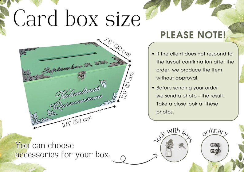 May include: A green card box with a slot for cards. The box is decorated with silver floral designs and the text "September 28, 2020 Valentina's Quincea&ntilde;era". The box measures 11.8 inches by 7.8 inches by 5.9 inches.