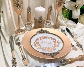 Gold cake cutting set wedding, engraved cake set, cake server, wedding dishes, custom glassware set, wedding table decor, bridal shower gift