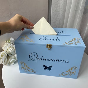 Caja de tarjeta de quinceañera azul claro, caja de regalo de quinceañera personalizada, decoración de fiesta de cumpleaños, caja de regalo de quinceañera, fiesta de cumpleaños Sweet 16