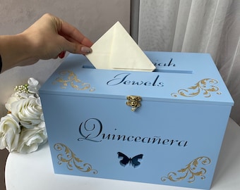 Light Blue Quinceañera Card Box, Personalized Quinceañera