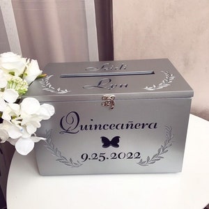 Coffret cadeau Quinceañera en argent, décoration personnalisée de boîte aux lettres, tirelire en bois, porte-cartes avec fente, boîte à souvenirs en bois, décoration de fête du 15e anniversaire