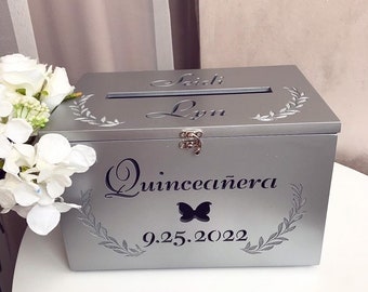Custom silver birthday box, black friday sale, birthday container for wishes, wooden quinceanera keepsake box, sweet 16 party gift idea