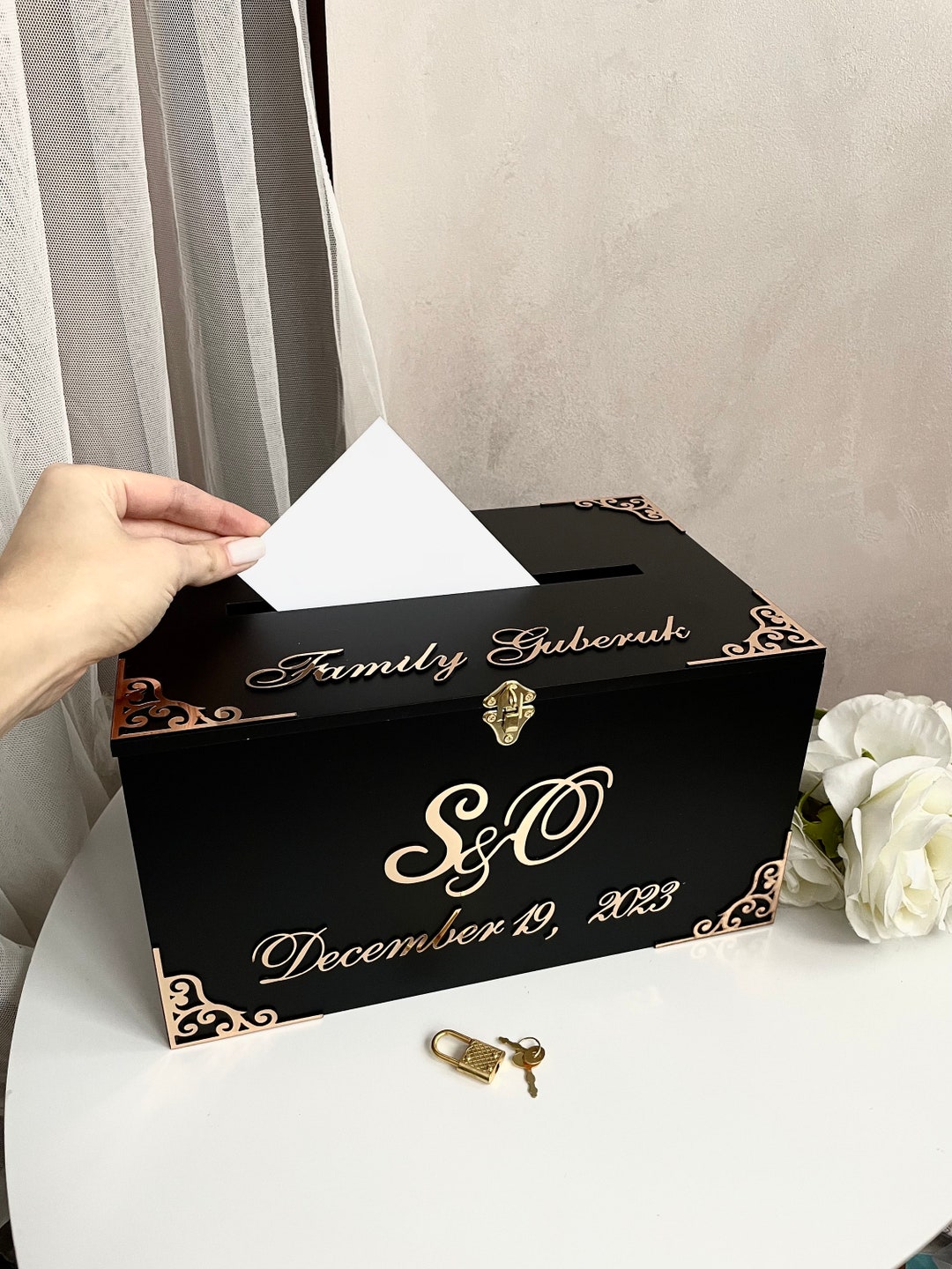 Personalised Black Wedding Card Box, Wedding Post Box, Wedding Money