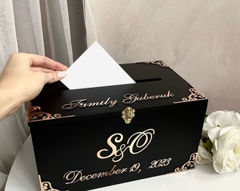 Personalised Black Wedding Card Box, Wedding Post Box, Wedding Money Box, Rustic Wedding Decor, Custom Wedding Card Box, Black Cards Box