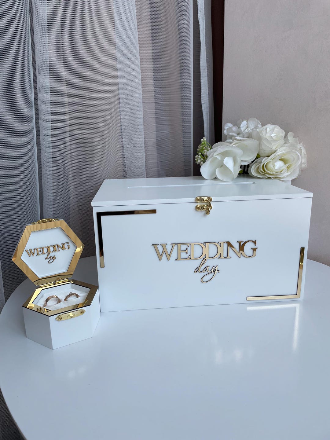 White Wedding Card Box With Classic Ring Holder, Boho Wedding Set ...
