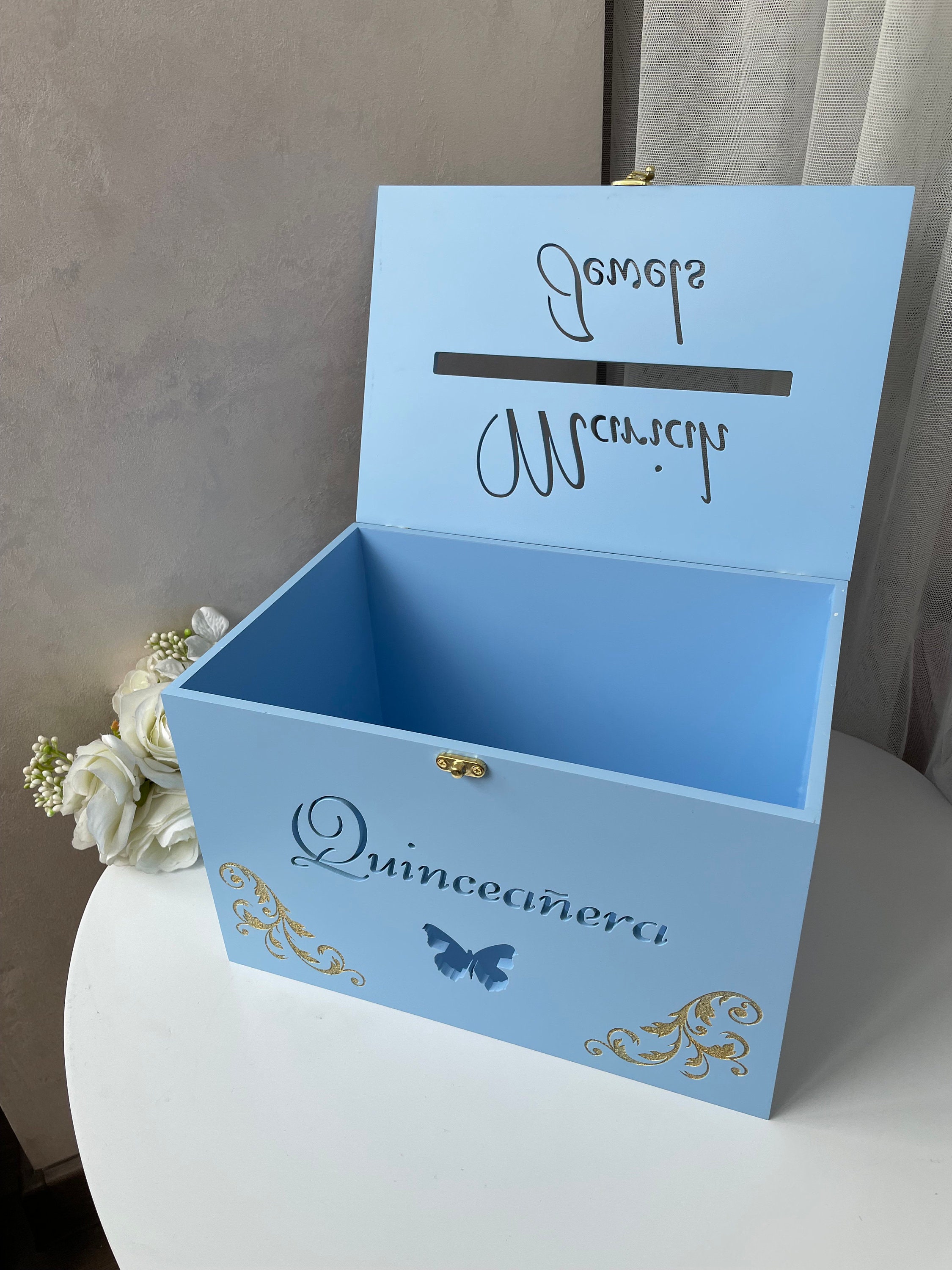 Light Blue Quinceañera Card Box, Personalized Quinceañera Gift Box ...