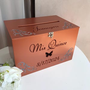 Caja para tarjetas de quinceañera en oro rosa, caja de recuerdos de madera, caja con ranura, hucha para boda, decoración de quinceañera, regalo de 15 cumpleaños, regalo para hija